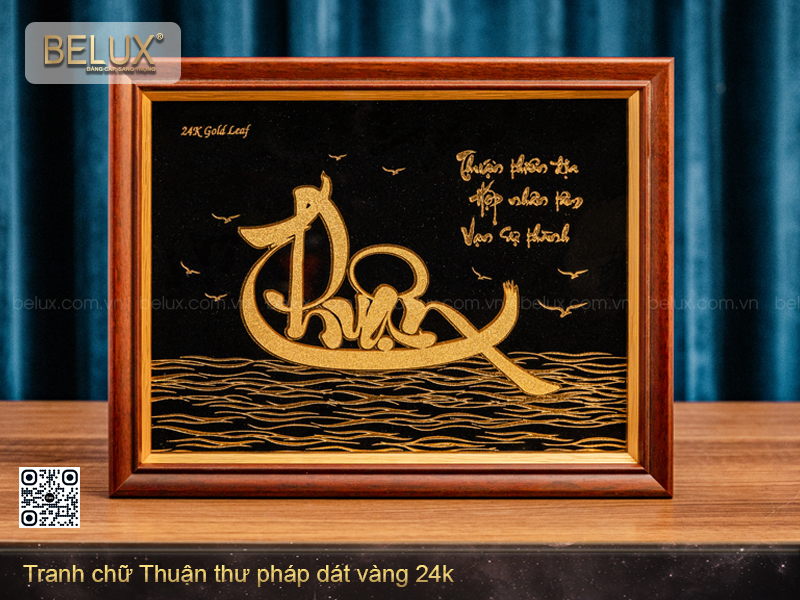 Tranh chữ Thuận thư pháp dát vàng 24k - 32x25cm